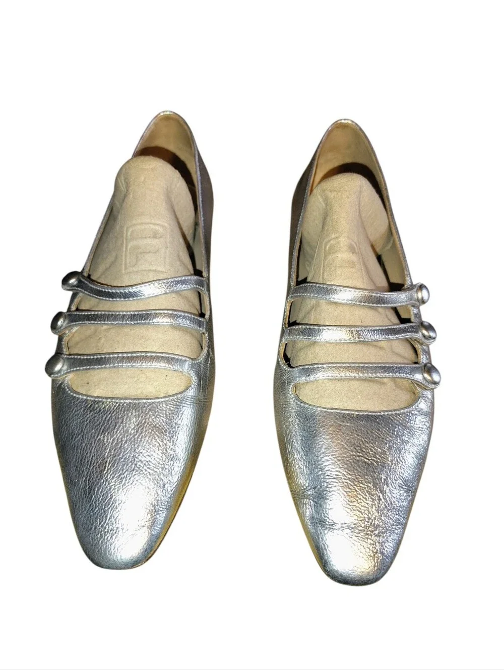 Veronica Beard Metallic Silver Crinkle Triple-Strap Mary Jane Flat Size 10 US 54 - Picture 7 of 16